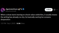 A user's comment on Lady Gaga's first look in Wednesday season on X (Image via X/@Ayotomilow0)